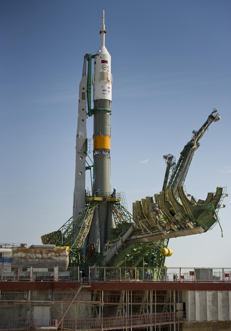 The Soyuz TMA-02M spacecraft is seen at the launch pad after being raised into vertical position on Sunday, June 5, 2011 at the Baikonur Cosmodrome in Kazakhstan. The launch of the Soyuz spacecraft with Expedition 28 Soyuz Commander Sergei Volkov of Russia, NASA Flight Engineer Mike Fossum and JAXA (Japan Aerospace Exploration Agency) Flight Engineer Satoshi Furukawa is scheduled for Wednesday, June 8, 2011. Photo Credit:  (NASA/Carla Cioffi)