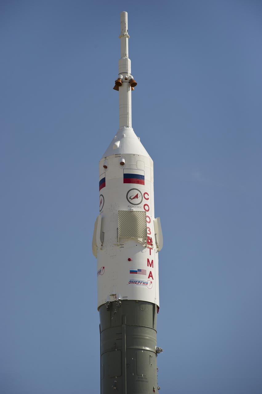 The upper stage of the Soyuz TMA-02M rocket, in which the crew capsule is located, is pictured here at the launch pad on Sunday, June 5, 2011 at the Baikonur Cosmodrome in Kazakhstan. The TMA-02M spacecraft will carry Expedition 28 Soyuz Commander Sergei Volkov of Russia, NASA Flight Engineer Mike Fossum and JAXA (Japan Aerospace Exploration Agency) Flight Engineer Satoshi Furukawa to the Internationa Space Station. Photo Credit (NASA/Carla Cioffi)