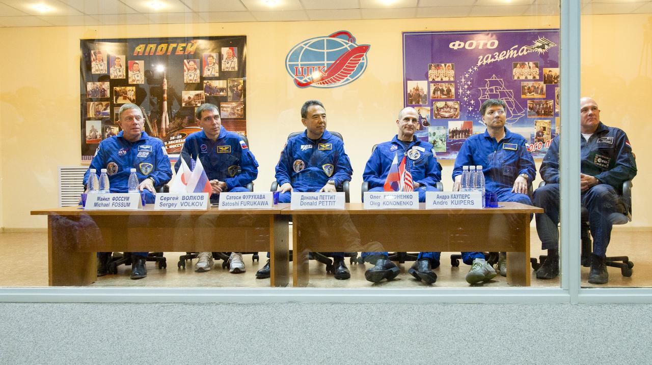 From left: Expedition 28 NASA Flight Engineer Mike Fossum, Soyuz Commander Sergei Volkov, Japan Aerospace Exploration Agency (JAXA) Flight Engineer Satoshi Furukawa, NASA backup Flight Engineer Don Pettit, Russian backup Flight Engineer Oleg Kononenko, and European Space Agency backup Flight Engineer Andre Kuipers are seen during a press conference, Monday, June 6, 2011, at the Cosmonaut Hotel in Baikonur, Kazakhstan. The mission is set to launch on Tuesday, June 8, from the Baikonur Cosmodrome. Photo Credit: (NASA/Carla Cioffi)