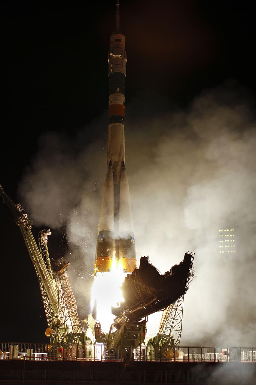 The Soyuz TMA-02M spacecraft launches from the Baikonur Cosmodrome in Kazakhstan early Wednesday, June 8, 2011 carrying Expedition 28 Soyuz Commander Sergei Volkov of Russia, NASA Flight Engineer Mike Fossum and JAXA (Japan Aerospace Exploration Agency) Flight Engineer Satoshi Furukawa to the International Space Station.  Photo Credit: (NASA/Carla Cioffi)