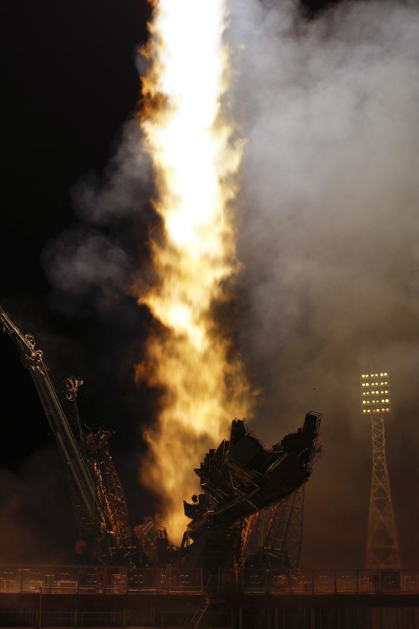 The Soyuz TMA-02M spacecraft launches from the Baikonur Cosmodrome in Kazakhstan early Wednesday, June 8, 2011 carrying Expedition 28 Soyuz Commander Sergei Volkov of Russia, NASA Flight Engineer Mike Fossum and JAXA (Japan Aerospace Exploration Agency) Flight Engineer Satoshi Furukawa to the International Space Station.  Photo Credit: (NASA/Carla Cioffi)