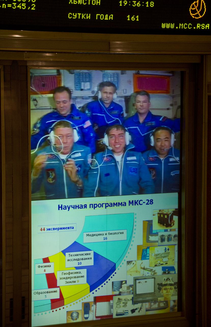 The crews of Expedition 27 and Expedition 28 are seen on a large screen TV at the Russian Mission Control Center in Korolev, Russia shortly after Expedition 28's arrival to the International Space Station on Friday, June 10, 2011.  From top left clockwise: Expedition 27 NASA Flight Engineer Ron Garan, Expedition 27 Russian Flight Engineer Andrey Borisenko, Expedition 27 Commander Alexander Samokutyaev, AXA (Japanase Aerospace Exploration Agency) Flight Engineer Satoshi Furukawa, Expedition 28 Soyuz Commander Sergei Volkov and Expedition 28 NASA Flight Engineer Mike Fossum.  Photo Credit: (NASA/Carla Cioffi)