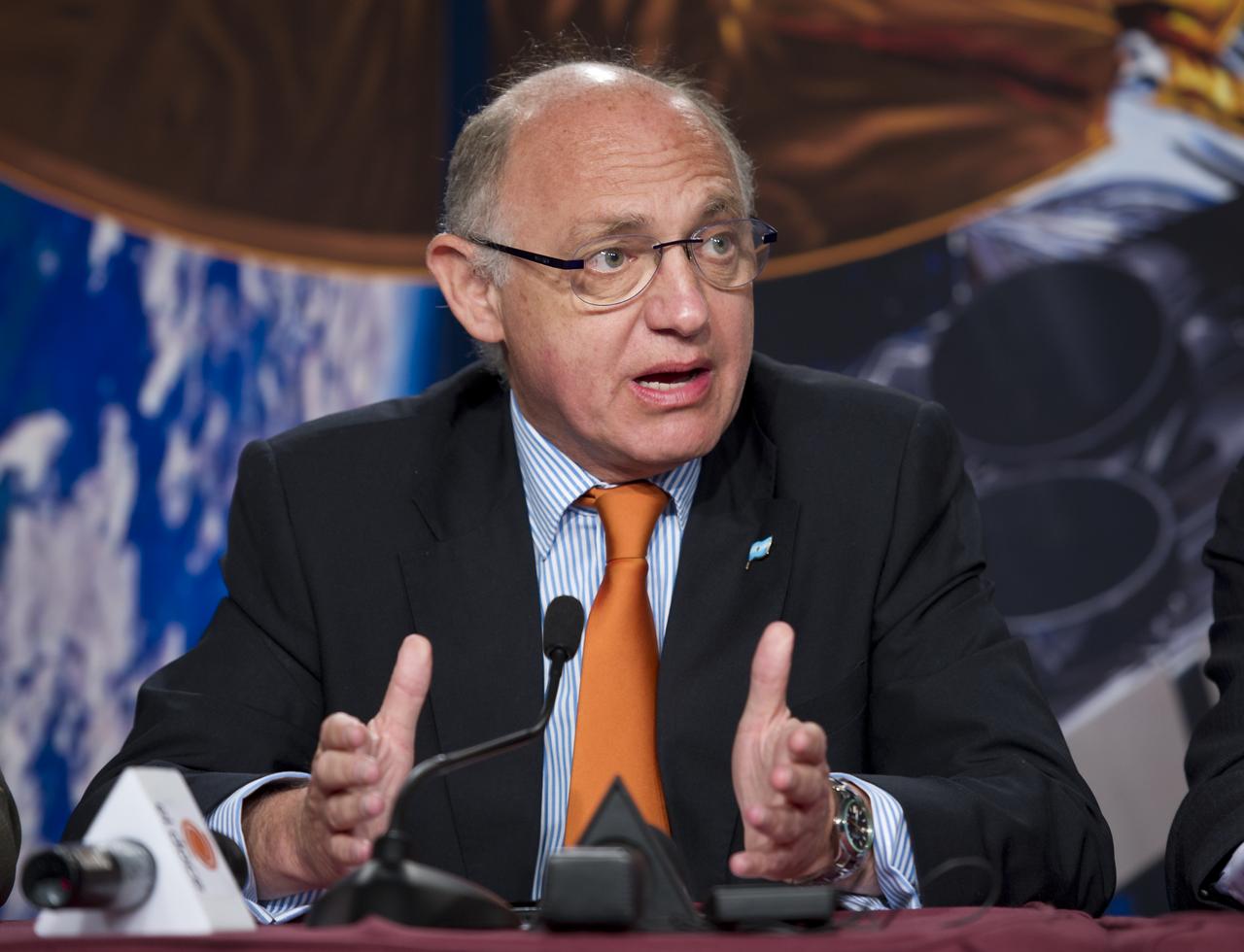 Hector Timerman, Foreign Minister of Argentina, Buenos Aires, talks during the Aquarius/SAC-D post-launch press conference on Friday, June 10, 2011 at the NASA Resident Office, Vandenberg Air Force Base, Calif. The joint U.S./Argentinian Aquarius/Satélite de Aplicaciones Científicas (SAC)-D mission, launched earlier on Friday June 10, will map the salinity at the ocean surface, information critical to improving our understanding of two major components of Earth's climate system: the water cycle and ocean circulation. Photo Credit: (NASA/Bill Ingalls)
