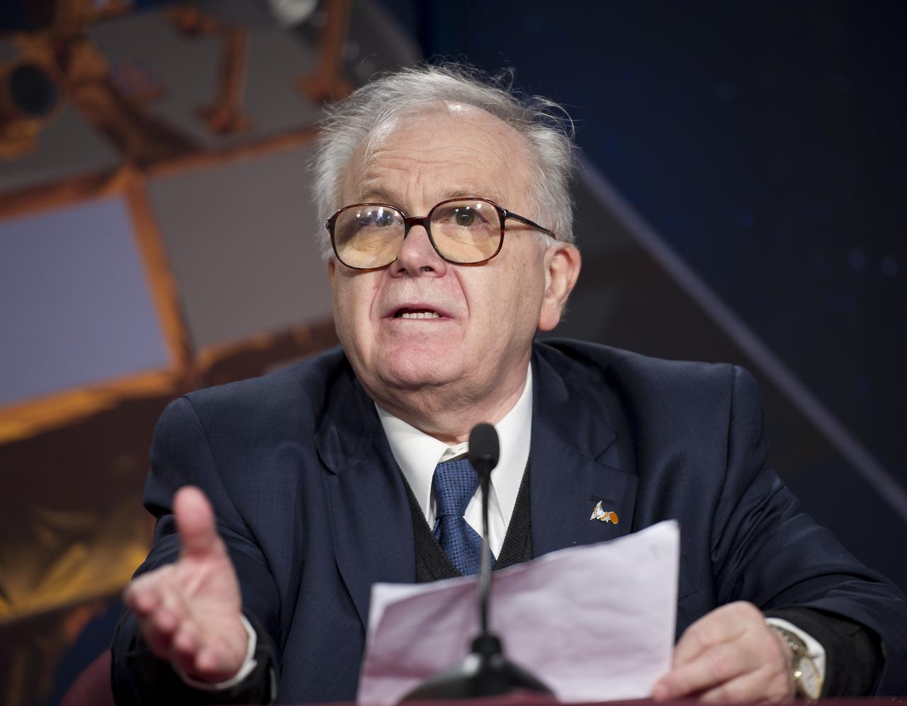 Conrado Varotto, CONAE Executive and Technical Director, Buenos Aires, talks during the Aquarius/SAC-D post-launch press conference on Friday, June 10, 2011 at the NASA Resident Office, Vandenberg Air Force Base, Calif. The joint U.S./Argentinian Aquarius/Satélite de Aplicaciones Científicas (SAC)-D mission, launched earlier on Friday June 10, will map the salinity at the ocean surface, information critical to improving our understanding of two major components of Earth's climate system: the water cycle and ocean circulation. Photo Credit: (NASA/Bill Ingalls)