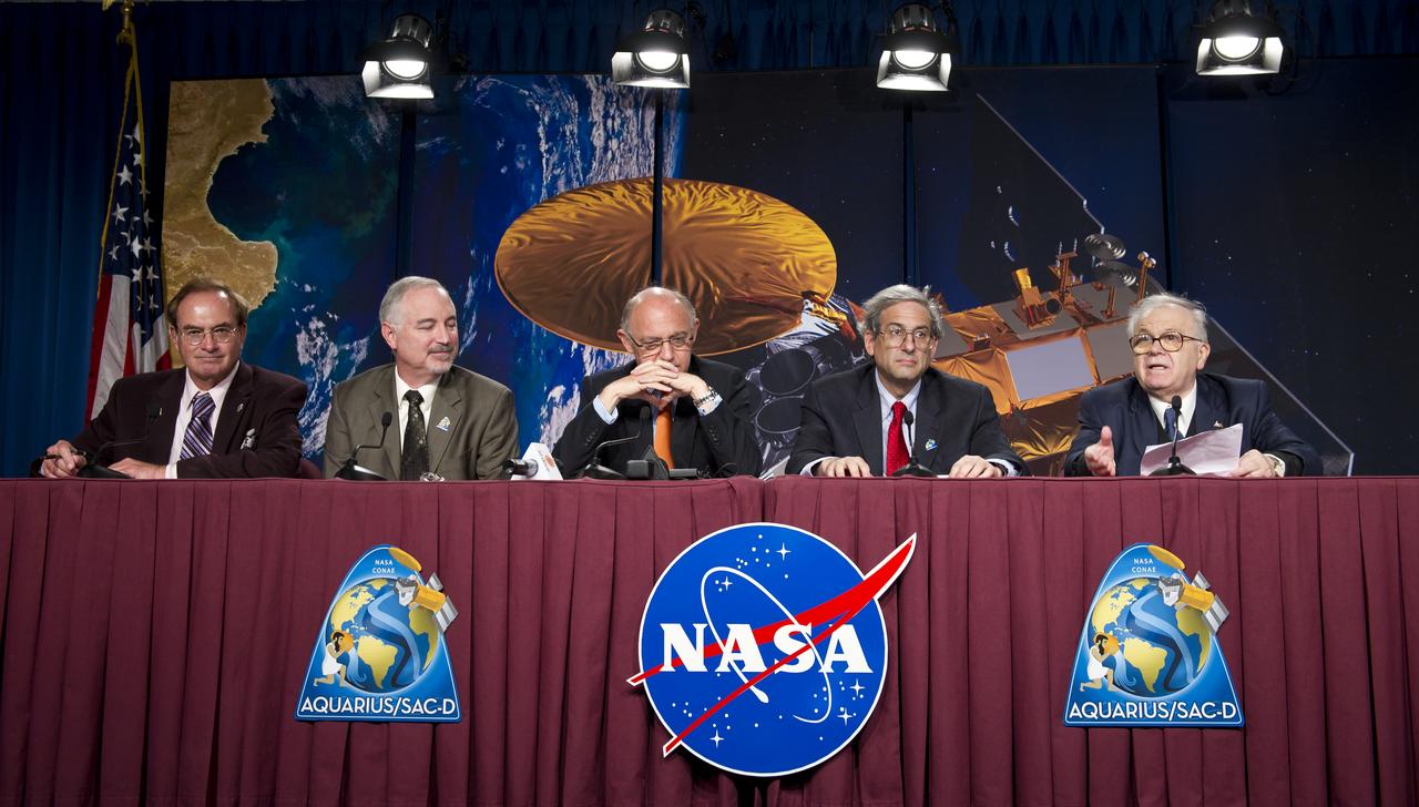 From left, George Diller, NASA Public Affairs Officer; Charles Gay, Deputy Associate Administrator, NASA Science Mission Directorate; Hector Timerman, Foreign Minister of Argentina, Buenos Aires; Michael Freilich, NASA Earth Science Division Director, NASA Headquarters; and Conrado Varotto, CONAE Executive and Technical Director, Buenos Aires, are seen at the Aquarius/SAC-D post-launch press conference on Friday, June 10, 2011 at the NASA Resident Office, Vandenberg Air Force Base, Calif. The joint U.S./Argentinian Aquarius/Satélite de Aplicaciones Científicas (SAC)-D mission, launched earlier on Friday June 10, will map the salinity at the ocean surface, information critical to improving our understanding of two major components of Earth's climate system: the water cycle and ocean circulation. Photo Credit: (NASA/Bill Ingalls)