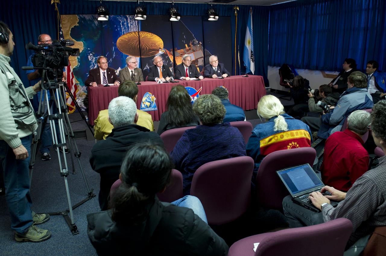 Seated from left, George Diller, NASA Public Affairs Officer; Charles Gay, Deputy Associate Administrator, NASA Science Mission Directorate; Hector Timerman, Foreign Minister of Argentina, Buenos Aires; Michael Freilich, NASA Earth Science Division Director, NASA Headquarters; and Conrado Varotto, CONAE Executive and Technical Director, Buenos Aires, are seen at the Aquarius/SAC-D post-launch press conference on Friday, June 10, 2011 at the NASA Resident Office, Vandenberg Air Force Base, Calif. The joint U.S./Argentinian Aquarius/Satélite de Aplicaciones Científicas (SAC)-D mission, launched earlier on Friday June 10, will map the salinity at the ocean surface, information critical to improving our understanding of two major components of Earth's climate system: the water cycle and ocean circulation. Photo Credit: (NASA/Bill Ingalls)