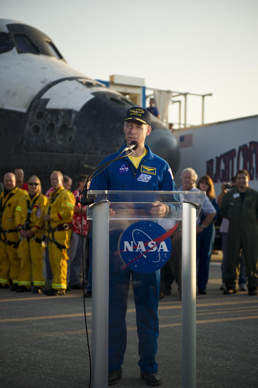 STS-135 Commander Chris Ferguson talks to NASA Television and the news media in front of the space shuttle Atlantis shortly after he and the rest of the STS-135 crew landed at NASA's Kennedy Space Center Shuttle Landing Facility (SLF), completing a 13-day mission to the International Space Station (ISS) and the final flight of the Space Shuttle Program, early Thursday morning, July 21, 2011, in Cape Canaveral, Fla. Overall, Atlantis spent 307 days in space and traveled nearly 126 million miles during its 33 flights. Atlantis, the fourth orbiter built, launched on its first mission on Oct. 3, 1985. Photo Credit: (NASA/Bill Ingalls)