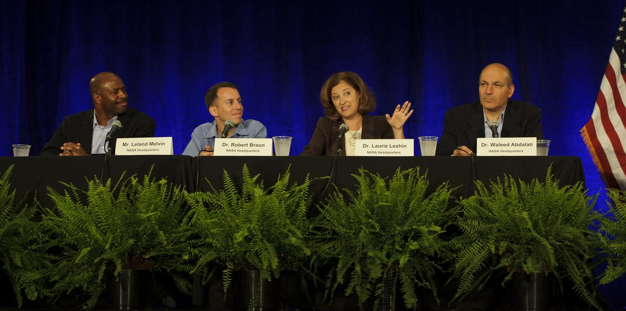 Dr. Laurie Leshin, NASA Deputy Associate Administrator Exploration Systems Mission Directortorate, second from right, speaks as Dr. Waleed Abdalati, NASA Chief Scientist, right, Dr. Robert Braun, NASA Chief Technologist, and Leland Melvin, Assoicate Administrator for NASA Education, far left, at the NASA Future Forum held at the Riggs Alumni Center on the campus of the University of Maryland, Thursday, Aug. 11, 2011 in College Park, Md. Photo Credit: (NASA/Paul E. Alers)