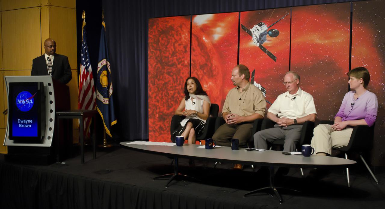 Madhulika Guhathakurta, seated left, STEREO program scientist, speaks during a press briefing, Thursday, Aug. 18, 2011, at NASA Headquarters in Washington as Craig DeForest, David Webb and Alysha Reinard, look on. The briefing was held to discusses new details about the structure of solar storms and the impact they have on Earth. The new information comes from NASA's Solar Terrestrial Relations Observatory, or STEREO, spacecraft and other NASA probes. Photo Credit: (NASA/GSFC/Rebecca Roth)