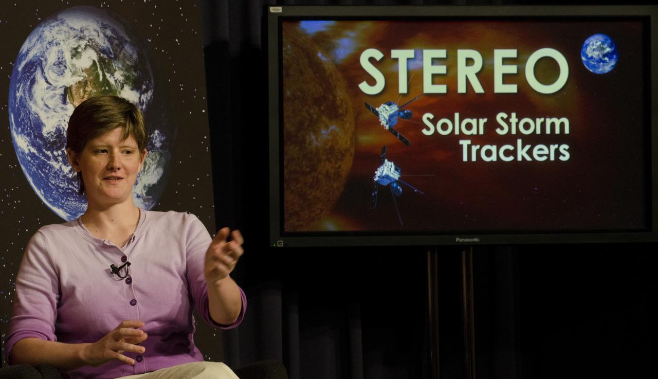 Alysha Reinard, as research scientist with National Oceanic and Atmospheric Administration and the University of Colorado Boulder, speaks during a press briefing, Thursday, Aug. 18, 2011, at NASA Headquarters in Washington. The briefing was held to discusses new details about the structure of solar storms and the impact they have on Earth. The new information comes from NASA's Solar Terrestrial Relations Observatory, or STEREO, spacecraft and other NASA probes. Photo Credit: (NASA/GSFC/Rebecca Roth)