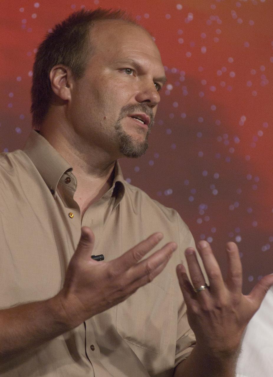 Craig DeForest, a staff scientist at the Southwest Research Institute in Boulder, Colo., speaks during a press briefing, Thursday, Aug. 18, 2011, at NASA Headquarters in Washington. The briefing was held to discusses new details about the structure of solar storms and the impact they have on Earth. The new information comes from NASA's Solar Terrestrial Relations Observatory, or STEREO, spacecraft and other NASA probes. Photo Credit: (NASA/GSFC/Rebecca Roth)