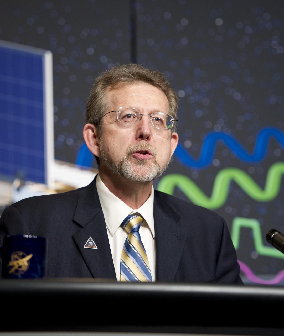 Jim Green, director, Planetary Science Division at NASA Headquarters, speaks at a press conference about the upcoming launch to the moon of the Gravity Recovery and Interior Laboratory (GRAIL) mission, Thursday, Aug. 25, 2011 in Washington.  GRAIL's primary science objectives are to determine the structure of the lunar interior, from crust to core, and to advance understanding of the thermal evolution of the moon.  The mission will place two spacecraft into the same orbit around the moon which will gather information about the its gravitational field enabling scientists to create a high-resolution map.  Photo Credit:  (NASA/Carla Cioffi)