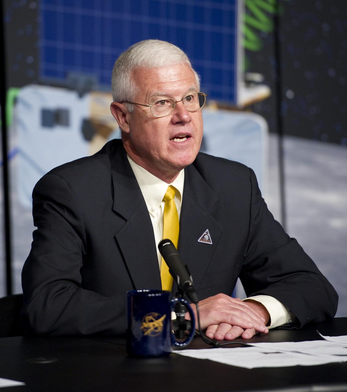 David Lehman, GRAIL project manager, NASA's Jet Propulsion Laboratory, Pasadena, Calif., speaks at a press conference about the upcoming launch to the moon of the Gravity Recovery and Interior Laboratory (GRAIL) mission, Thursday, Aug. 25, 2011 in Washington.  GRAIL's primary science objectives are to determine the structure of the lunar interior, from crust to core, and to advance understanding of the thermal evolution of the moon.  The mission will place two spacecraft into the same orbit around the moon which will gather information about the its gravitational field enabling scientists to create a high-resolution map.  Photo Credit:  (NASA/Carla Cioffi)