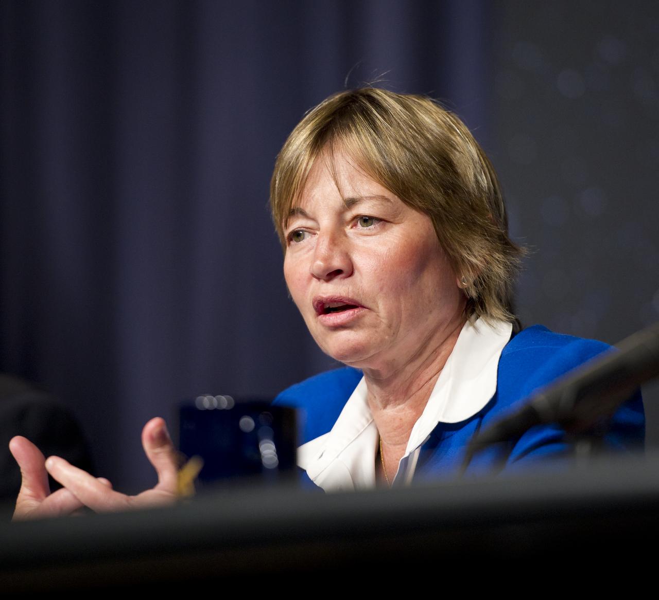Maria Zuber, GRAIL principal investigator, Massachusetts Institute of Technology, Cambridge, answers a reporter's question at a press briefing about the upcoming launch to the moon of the Gravity Recovery and Interior Laboratory (GRAIL) mission, Thursday, Aug. 25, 2011 in Washington.  GRAIL's primary science objectives are to determine the structure of the lunar interior, from crust to core, and to advance understanding of the thermal evolution of the moon.  The mission will place two spacecraft into the same orbit around the moon which will gather information about the its gravitational field enabling scientists to create a high-resolution map.  Photo Credit:  (NASA/Carla Cioffi)