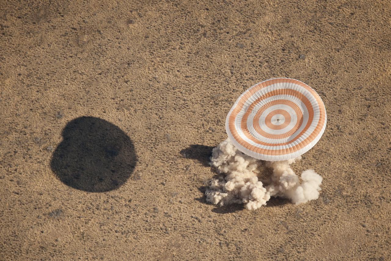 The Soyuz TMA-21 spacecraft is seen as it lands with Expedition 28 Commander Andrey Borisenko, and Flight Engineers Ron Garan, and Alexander Samokutyaev in a remote area outside of the town of Zhezkazgan, Kazakhstan, on Friday, Sept. 16, 2011. NASA Astronaut Garan, Russian Cosmonauts Borisenko and Samokutyaev are returning from more than five months onboard the International Space Station where they served as members of the Expedition 27 and 28 crews. Photo Credit: (NASA/Bill Ingalls)