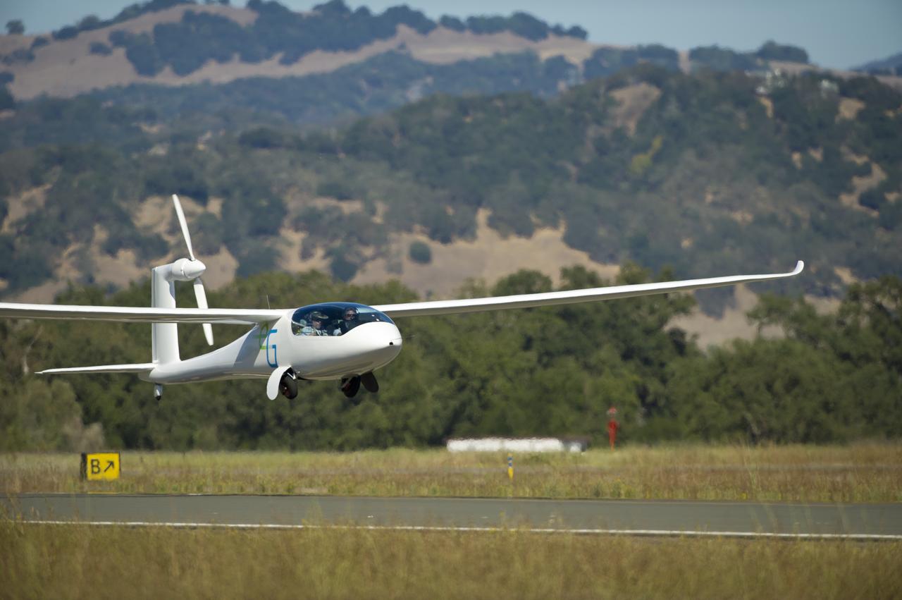 The e-Genius aircraft takes off during the 2011 Green Flight Challenge, sponsored by Google, at the Charles M. Schulz Sonoma County Airport in Santa Rosa, Calif. on Monday, Sept. 26, 2011.  NASA and the Comparative Aircraft Flight Efficiency (CAFE) Foundation are having the challenge with the goal to advance technologies in fuel efficiency and reduced emissions with cleaner renewable fuels and electric aircraft. Photo Credit: (NASA/Bill Ingalls)