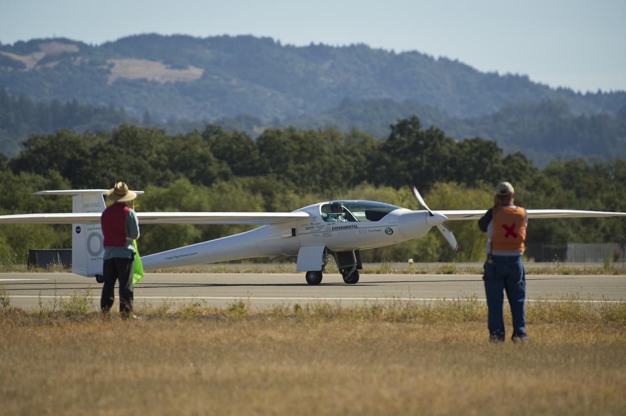 The Embry-Riddle Aeronautical University, EcoEagle prepares to takeoff as an demonstration aircraft for the miles per gallon (MPG) flight during the 2011 Green Flight Challenge, sponsored by Google, at the Charles M. Schulz Sonoma County Airport in Santa Rosa, Calif. on Tuesday, Sept. 27, 2011.  NASA and the Comparative Aircraft Flight Efficiency (CAFE) Foundation are having the challenge with the goal to advance technologies in fuel efficiency and reduced emissions with cleaner renewable fuels and electric aircraft. Photo Credit: (NASA/Bill Ingalls)