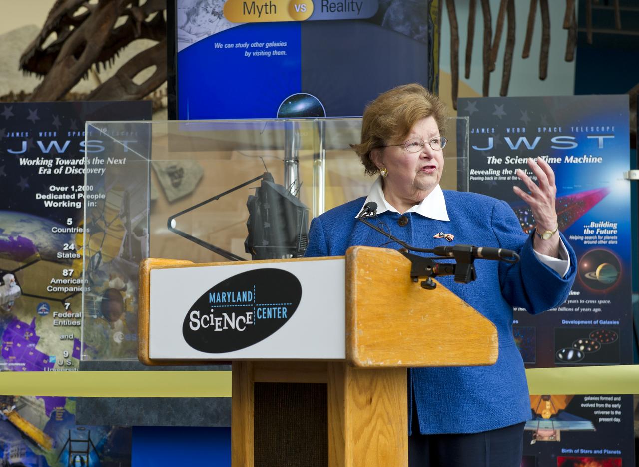 U.S. Senator Barbara Mikulski (D-Md.) speaks at the presentation of the permanent exhibit of the James Webb Space Telescope at the Maryland Science Center on Wednesday, Oct. 26, 2011 in Baltimore.  Photo Credit:  (NASA/Carla Cioffi)