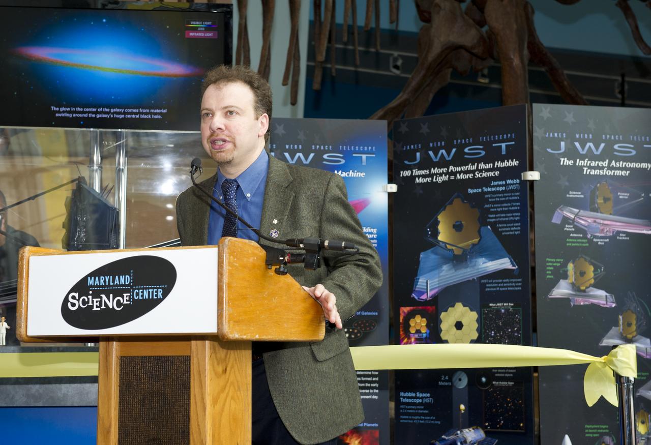 Adam Reiss, recipient of the 2011 Nobel Prize in Physics and professor of astronomy and physics at Johns Hopkins University speaks at the presentation of the permanent exhibit of the James Webb Space Telescope at the Maryland Science Center on Wednesday, Oct. 26, 2011 in Baltimore.  Photo Credit:  (NASA/Carla Cioffi)