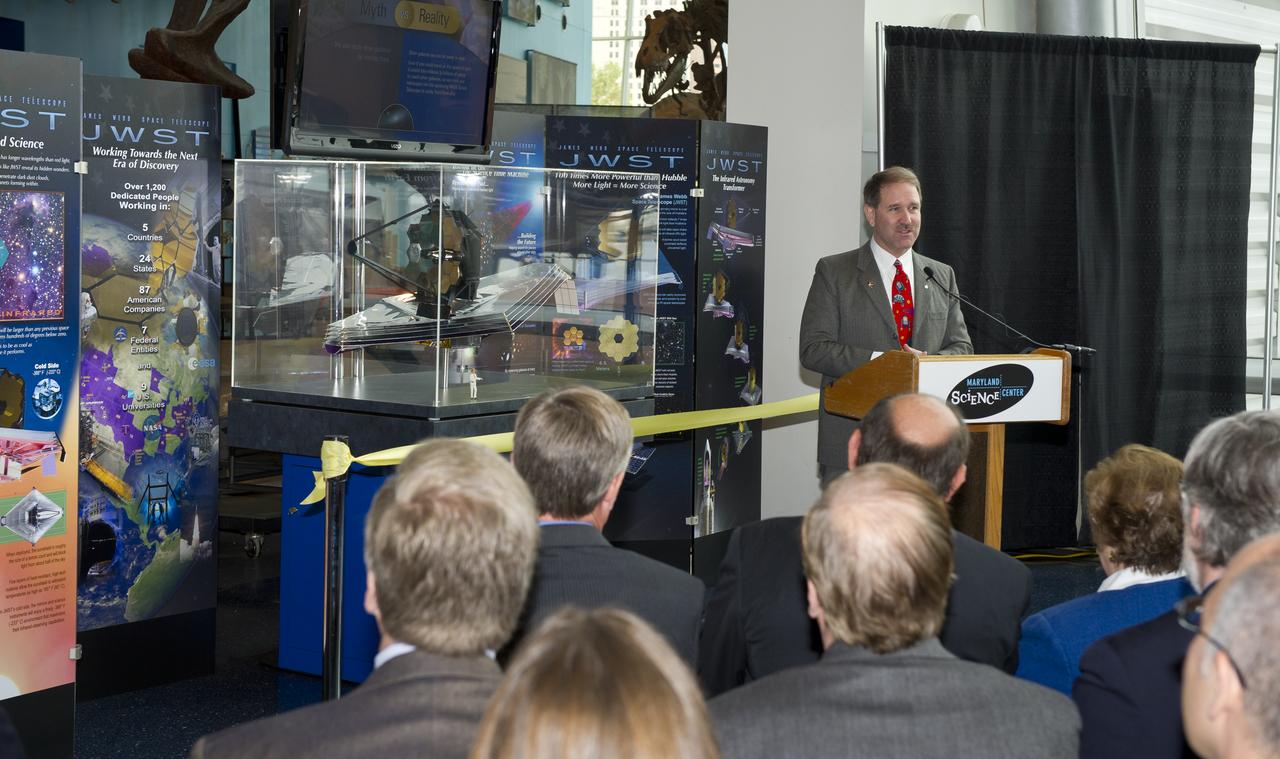 Dr. John Grunsfeld, former astronaut and Deputy Director, Space Telescope Science Institute (STScI), Baltimore speaks at the presentation of the permanent exhibit of the James Webb Space Telescope at the Maryland Science Center on Wednesday, Oct. 26, 2011 in Baltimore.  Photo Credit:  (NASA/Carla Cioffi)
