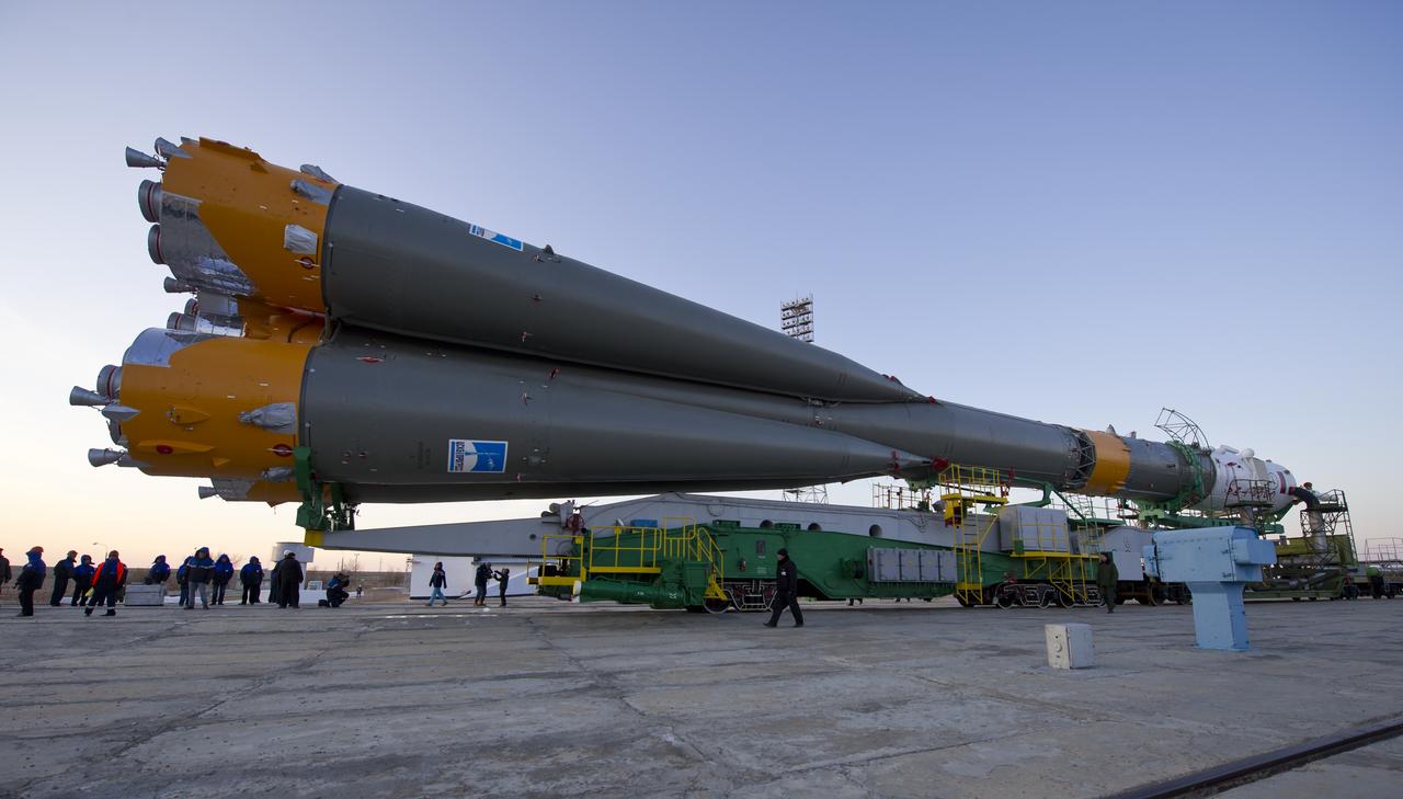 The Soyuz rocket is seen as it approaches the Soyuz launch pad on Friday, Nov. 11, 2011 at the Baikonur Cosmodrome in Kazakhstan. The launch of the Soyuz spacecraft will carry Expedition 29 Soyuz Commander Anton Shkaplerov of Russia, NASA Flight Engineer Dan Burbank and Russian Flight Engineer Anatoly Ivanishin to the International Space Station. Photo Credit (NASA/Carla Cioffi)