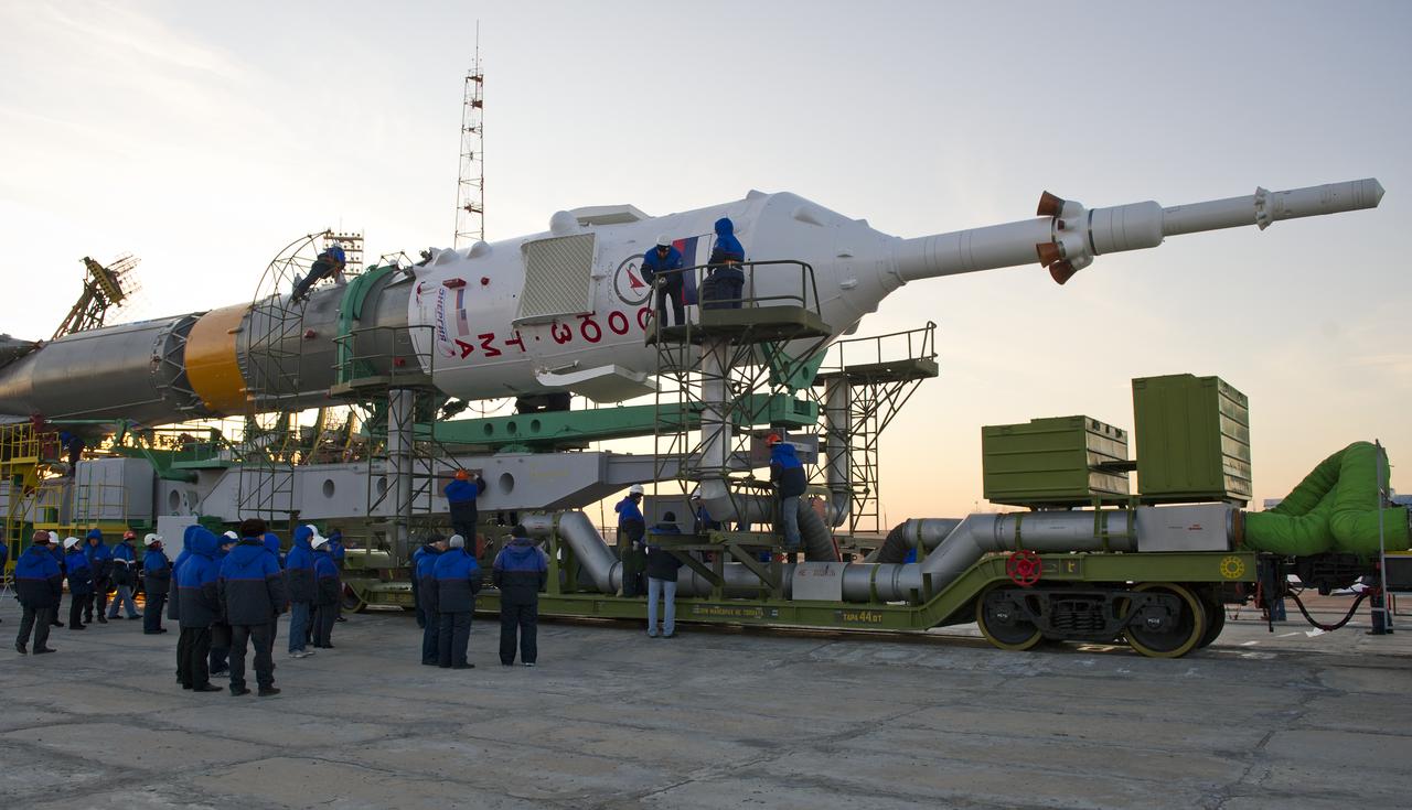 The Soyuz TMA-02M spacecraft is seen shortly after arriving at the launch pad Friday, Nov. 11, 2011 at the Baikonur Cosmodrome in Kazakhstan.  Photo Credit: (NASA/Carla Cioffi)