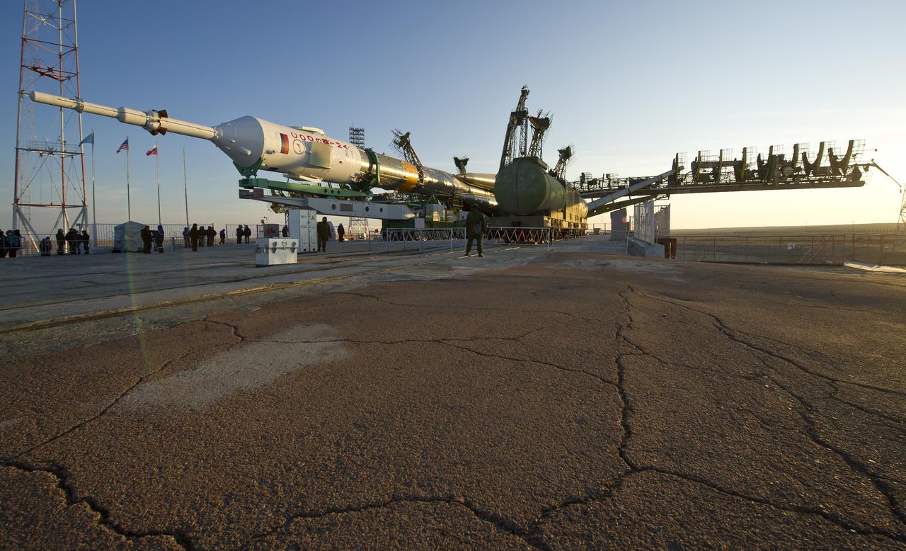 The Soyuz TMA-02M spacecraft is seen shortly after arriving at the launch pad Friday, Nov. 11, 2011 at the Baikonur Cosmodrome in Kazakhstan.  Photo Credit: (NASA/Carla Cioffi)