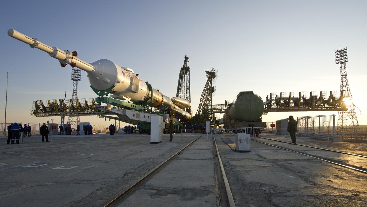 The Soyuz TMA-22 spacecraft is lifted on to the launch pad at the Baikonur Cosmodrome in Kazakhstan, Friday, Nov. 11, 2011. The rocket is being prepared for launch November 14 to carry the crew of Expedition 29 to the International Space Station.  Photo Credit:  (NASA/Carla Cioffi)