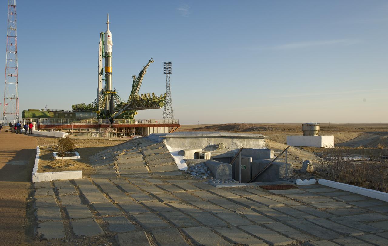 The Soyuz TMA-22 spacecraft is seen at the launch pad after being raised into vertical position on Friday, Nov. 11, 2011 at the Baikonur Cosmodrome in Kazakhstan. The launch of the Soyuz spacecraft with Expedition 29 Soyuz Commander Anton Shkaplerov of Russia, NASA Flight Engineer Dan Burbank and Russian Flight Engineer Anatoly Ivanishin is scheduled for Monday, Nov.14, 2011. Photo Credit:  (NASA/Carla Cioffi)