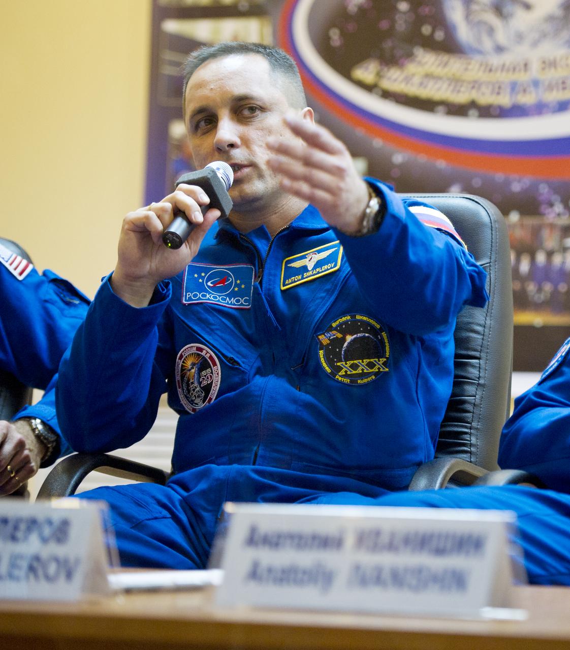 Expedition 29 Soyuz Commander Anton Shkaplerov answers a reporter’s question during a press conference held at the Cosmonaut Hotel in Baikonur, Kazakhstan on Saturday, Nov. 12, 2011.  The mission is set to launch November 14 from the Baikonur Cosmodrome.  Photo Credit: (NASA/Carla Cioffi)
