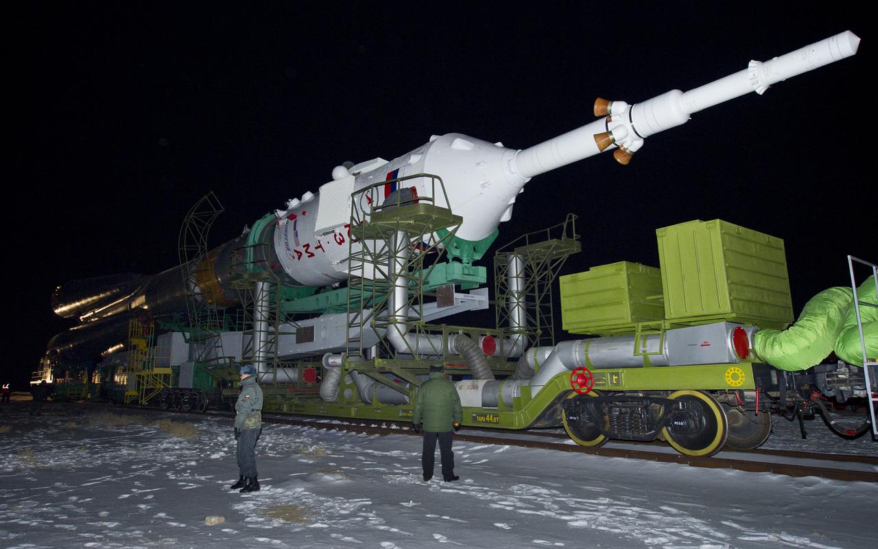 The Soyuz TMA-03M spacecraft is rolled out by train on its way to the launch pad at the Baikonur Cosmodrome, Kazakhstan, Monday, Dec. 19, 2011.  The launch of the Soyuz spacecraft with Expedition 30 Soyuz Commander Oleg Kononenko of Russia, NASA Flight Engineer Don Pettit and ESA (European Space Agency) astronaut and Flight Engineer Andre Kuipers is scheduled for 7:16 p.m. local time on Wednesday, December 21.  Photo Credit (NASA/Carla Cioffi)