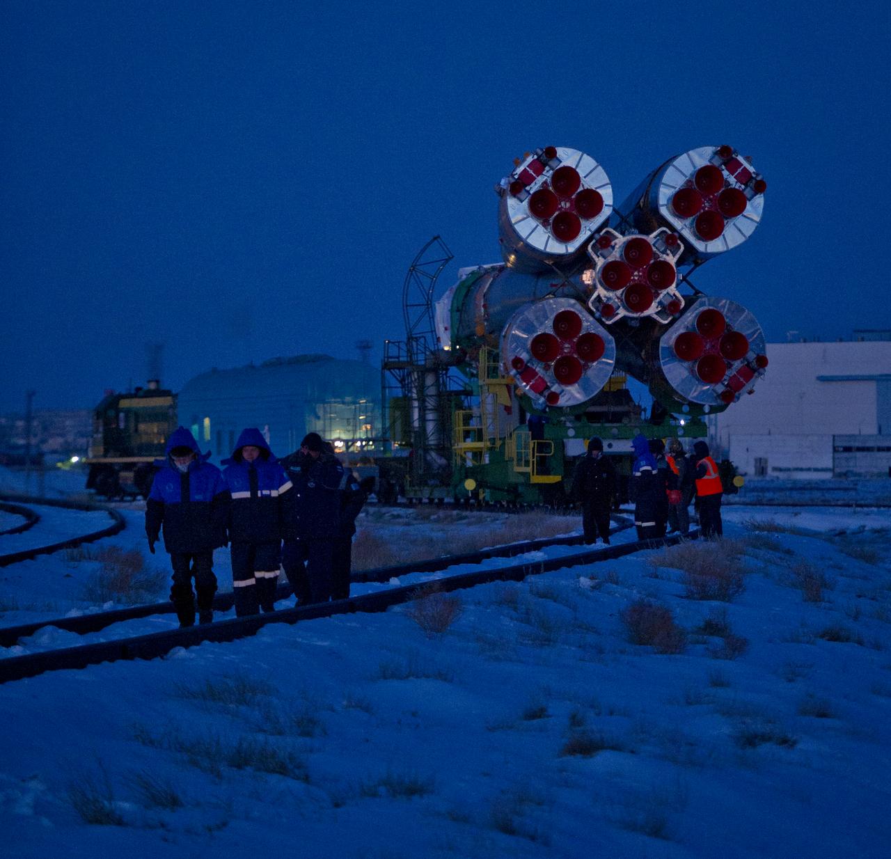 The Soyuz TMA-03M spacecraft is rolled out by train on its way to the launch pad at the Baikonur Cosmodrome, Kazakhstan, Monday, Dec. 19, 2011.  The launch of the Soyuz spacecraft with Expedition 30 Soyuz Commander Oleg Kononenko of Russia, NASA Flight Engineer Don Pettit and ESA (European Space Agency) astronaut and Flight Engineer Andre Kuipers is scheduled for 7:16 p.m. local time on Wednesday, December 21.  Photo Credit (NASA/Carla Cioffi)
