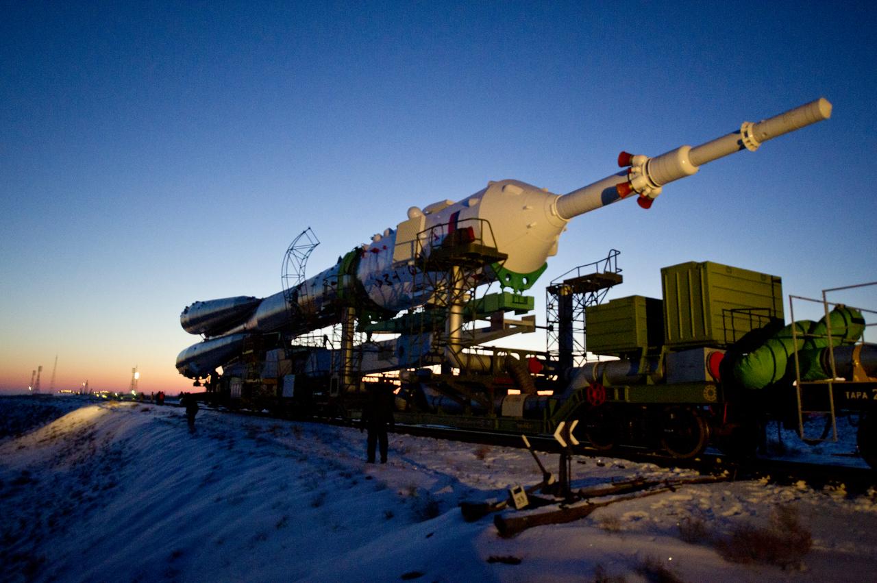 The Soyuz TMA-03M spacecraft is rolled out by train on its way to the launch pad at the Baikonur Cosmodrome, Kazakhstan, Monday, Dec. 19, 2011.  The launch of the Soyuz spacecraft with Expedition 30 Soyuz Commander Oleg Kononenko of Russia, NASA Flight Engineer Don Pettit and ESA (European Space Agency) astronaut and Flight Engineer Andre Kuipers is scheduled for 7:16 p.m. local time on Wednesday, December 21.  Photo Credit (NASA/Carla Cioffi)
