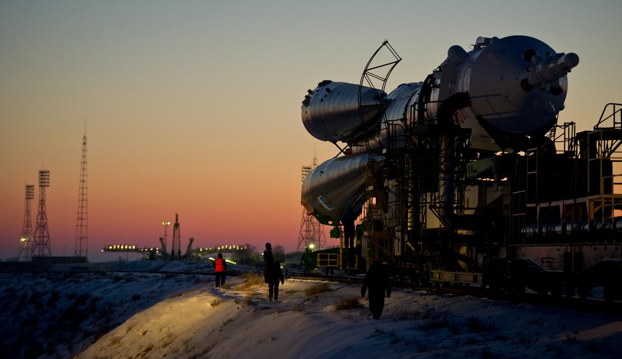 The Soyuz TMA-03M spacecraft is rolled out by train on its way to the launch pad at the Baikonur Cosmodrome, Kazakhstan, Monday, Dec. 19, 2011.  The launch of the Soyuz spacecraft with Expedition 30 Soyuz Commander Oleg Kononenko of Russia, NASA Flight Engineer Don Pettit and ESA (European Space Agency) astronaut and Flight Engineer Andre Kuipers is scheduled for 7:16 p.m. local time on Wednesday, December 21.  Photo Credit (NASA/Carla Cioffi)