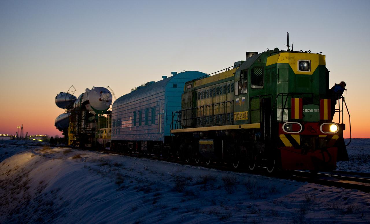 The Soyuz TMA-03M spacecraft is rolled out by train on its way to the launch pad at the Baikonur Cosmodrome, Kazakhstan, Monday, Dec. 19, 2011.  The launch of the Soyuz spacecraft with Expedition 30 Soyuz Commander Oleg Kononenko of Russia, NASA Flight Engineer Don Pettit and ESA (European Space Agency) astronaut and Flight Engineer Andre Kuipers is scheduled for 7:16 p.m. local time on Wednesday, December 21.  Photo Credit (NASA/Carla Cioffi)