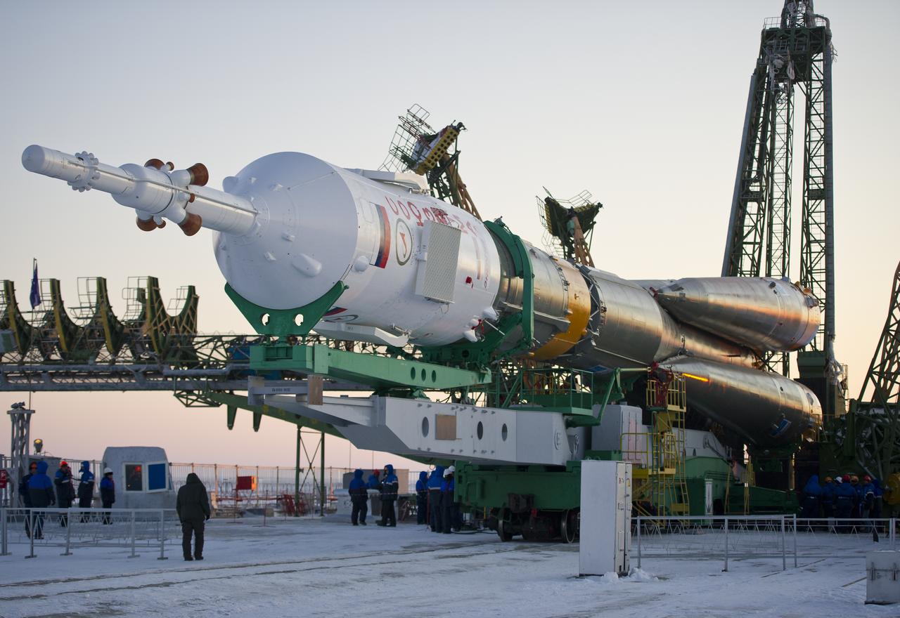 The Soyuz TMA-03M spacecraft is seen shortly after arriving at the launch pad Monday, Dec. 19, 2011 at the Baikonur Cosmodrome in Kazakhstan.  Photo Credit: (NASA/Carla Cioffi)