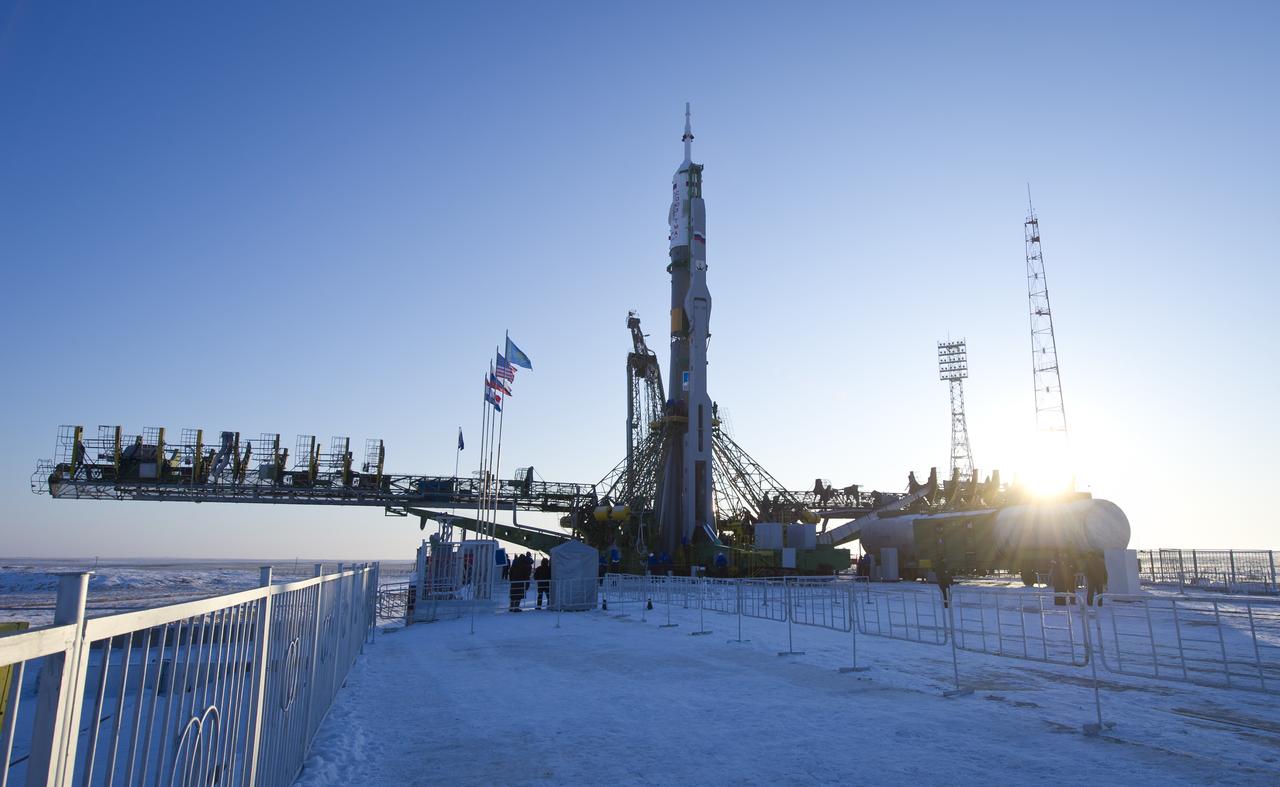 The Soyuz TMA-03M spacecraft is seen at the launch pad after being raised into vertical position on Monday, Dec. 19, 2011 at the Baikonur Cosmodrome in Kazakhstan. The launch of the Soyuz spacecraft with Expedition 30 Soyuz Commander Oleg Kononenko of Russia, NASA Flight Engineer Don Pettit and ESA (European Space Agency) astronaut and Flight Engineer Andre Kuipers is scheduled for Wednesday, Dec. 21, 2011. Photo Credit:  (NASA/Carla Cioffi)