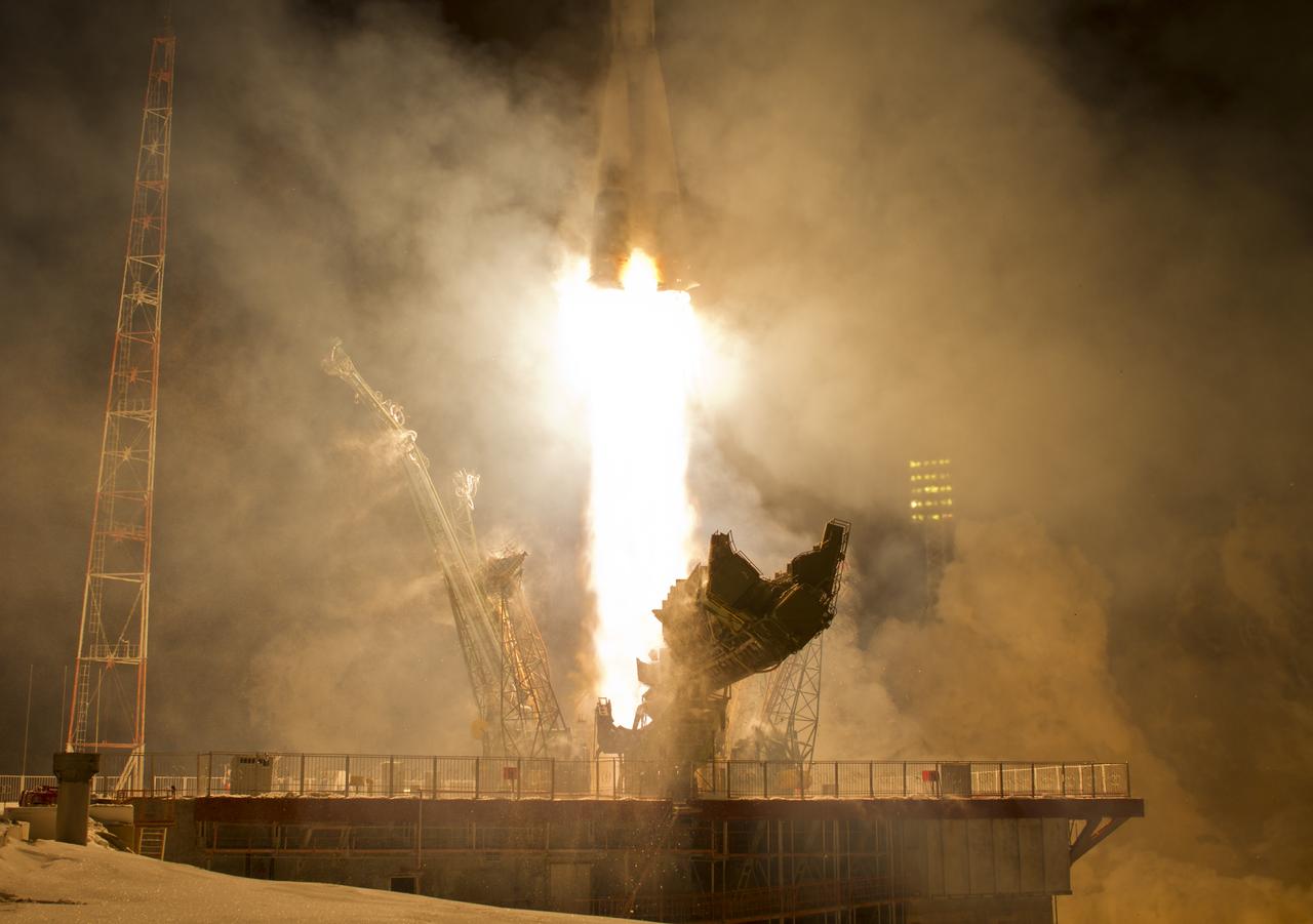 The Soyuz TMA-03M rocket launches from the Baikonur Cosmodrome in Kazakhstan on Wednesday, Dec. 21, 2011 carrying Expedition 30 Soyuz Commander Oleg Kononenko of Russia, NASA Flight Engineer Don Pettit and ESA (European Space Agency) astronaut and Flight Engineer Andre Kuipers to the International Space Station. (Photo Credit: NASA/Carla Cioffi)