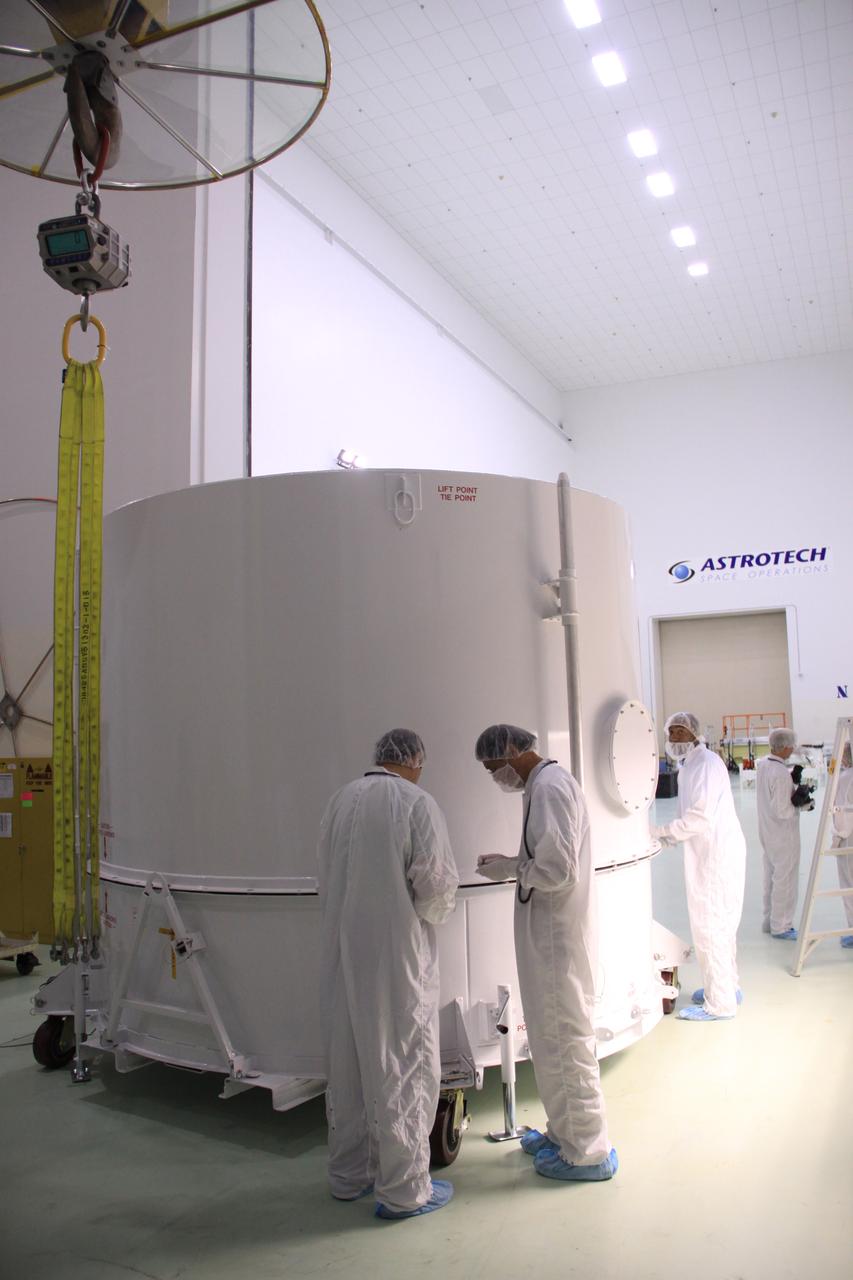 RBSP-A, Canister Removal, First Bag Removal, Solar Panels Unbagged and into Work Stand