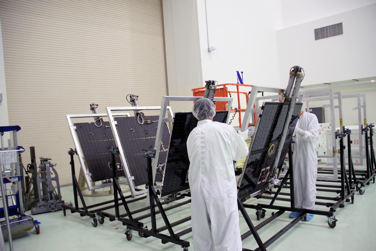 RBSP-A, Canister Removal, First Bag Removal, Solar Panels Unbagged and into Work Stand