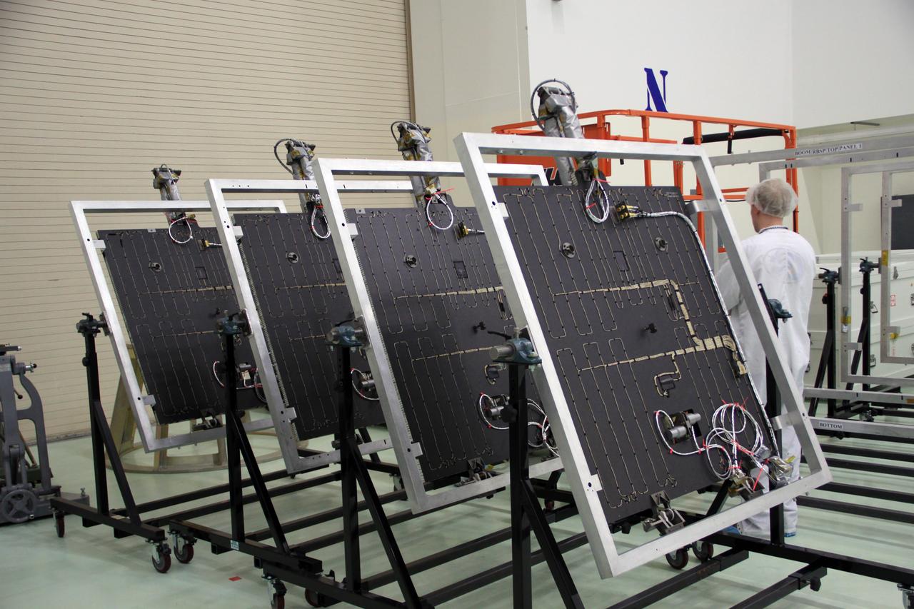 RBSP-A, Canister Removal, First Bag Removal, Solar Panels Unbagged and into Work Stand