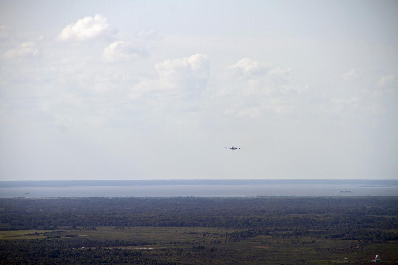 CAPE CANAVERAL, Fla. – The Shuttle Carrier Aircraft, or SCA, approaches the runway at NASA Kennedy Space Center’s Shuttle Landing Facility in Florida. The SCA touched down at 5:05 p.m. EDT to prepare for shuttle Endeavour’s ferry flight to the Los Angeles International Airport on Sept. 17. Photo credit: NASA_Chris Chamberland