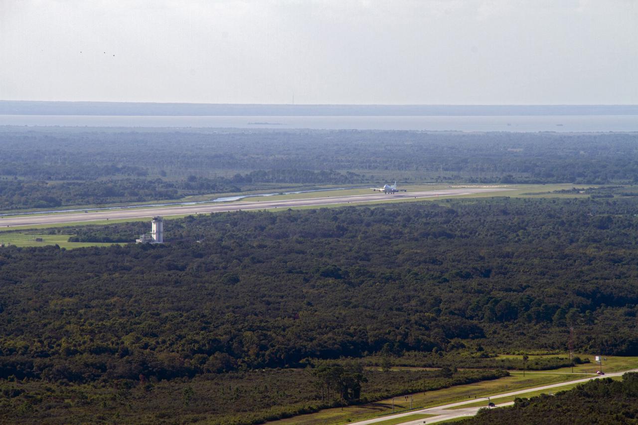 CAPE CANAVERAL, Fla. – The Shuttle Carrier Aircraft, or SCA, approaches the runway at NASA Kennedy Space Center’s Shuttle Landing Facility in Florida. The SCA touched down at 5:05 p.m. EDT to prepare for shuttle Endeavour’s ferry flight to the Los Angeles International Airport on Sept. 17. Photo credit: NASA_Chris Chamberland