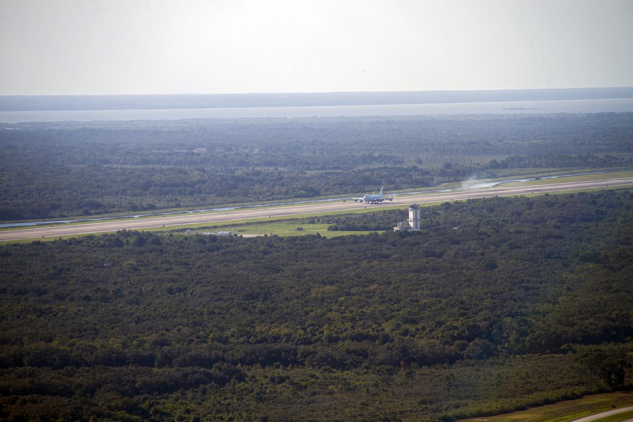 CAPE CANAVERAL, Fla. – The Shuttle Carrier Aircraft, or SCA, touches down on the runway at NASA Kennedy Space Center’s Shuttle Landing Facility in Florida. The SCA touched down at 5:05 p.m. EDT to prepare for shuttle Endeavour’s ferry flight to the Los Angeles International Airport on Sept. 17. Photo credit: NASA_ Chris Chamberland