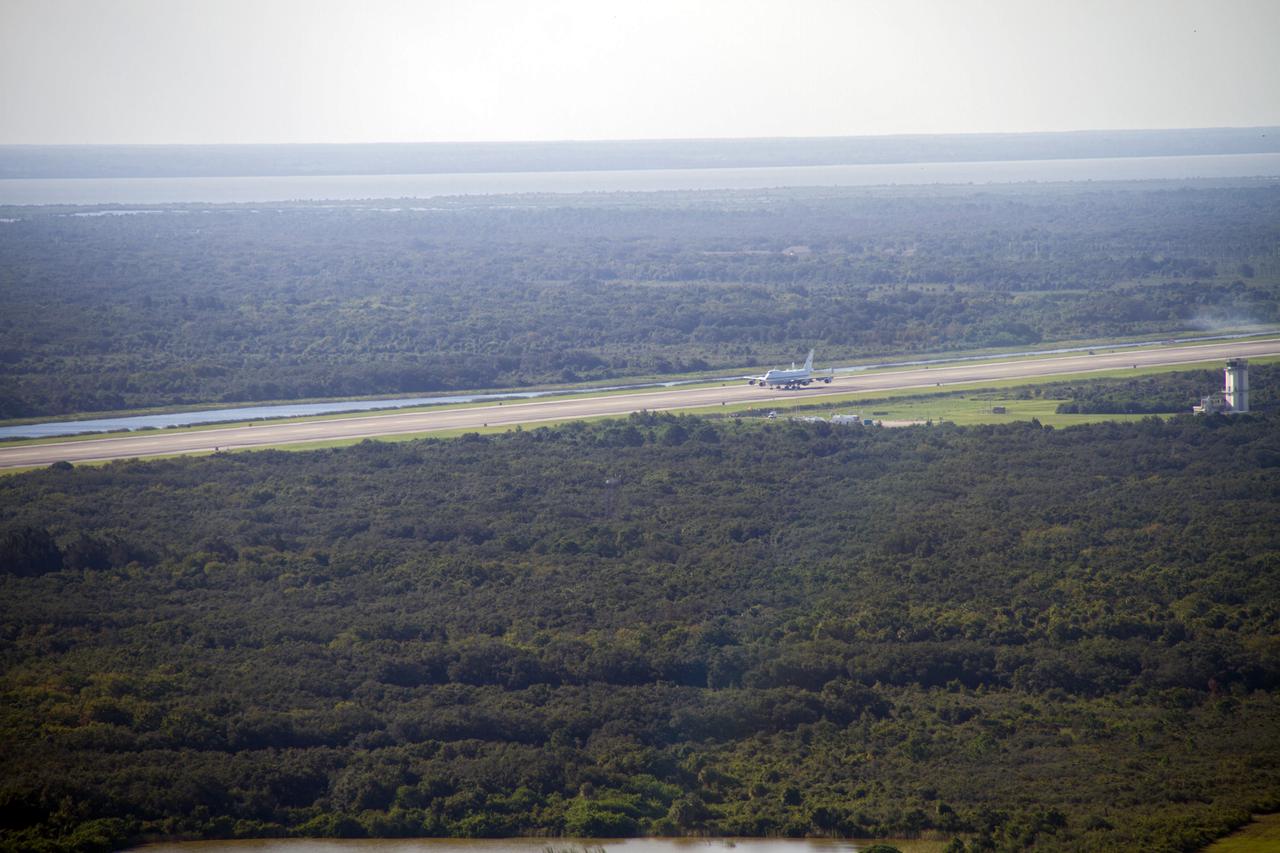 CAPE CANAVERAL, Fla. – The Shuttle Carrier Aircraft, or SCA, rolls down the runway at NASA Kennedy Space Center’s Shuttle Landing Facility in Florida. The SCA touched down at 5:05 p.m. EDT to prepare for shuttle Endeavour’s ferry flight to the Los Angeles International Airport on Sept. 17. Photo credit: NASA_ Chris Chamberland