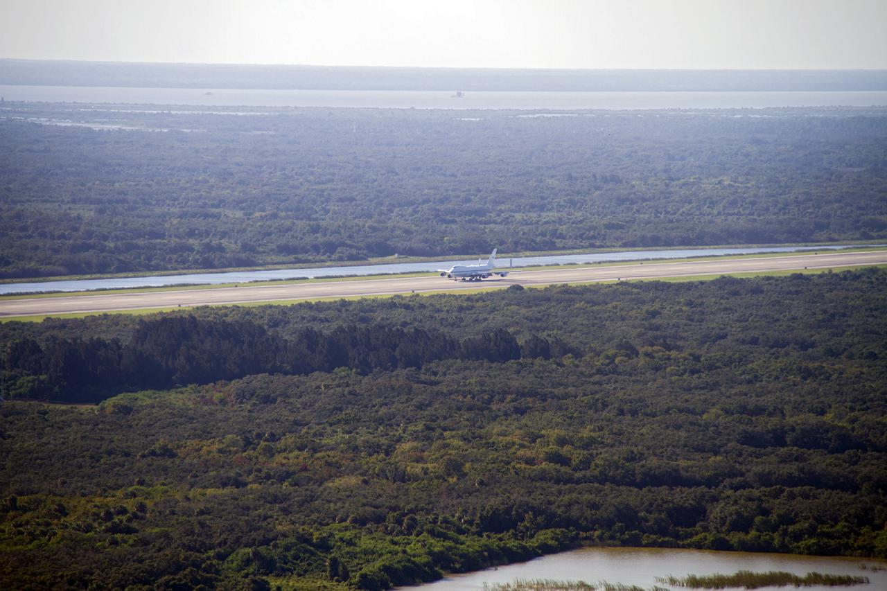 CAPE CANAVERAL, Fla. – The Shuttle Carrier Aircraft, or SCA, rolls down the runway at NASA Kennedy Space Center’s Shuttle Landing Facility in Florida. The SCA touched down at 5:05 p.m. EDT to prepare for shuttle Endeavour’s ferry flight to the Los Angeles International Airport on Sept. 17. Photo credit: NASA_ Chris Chamberland