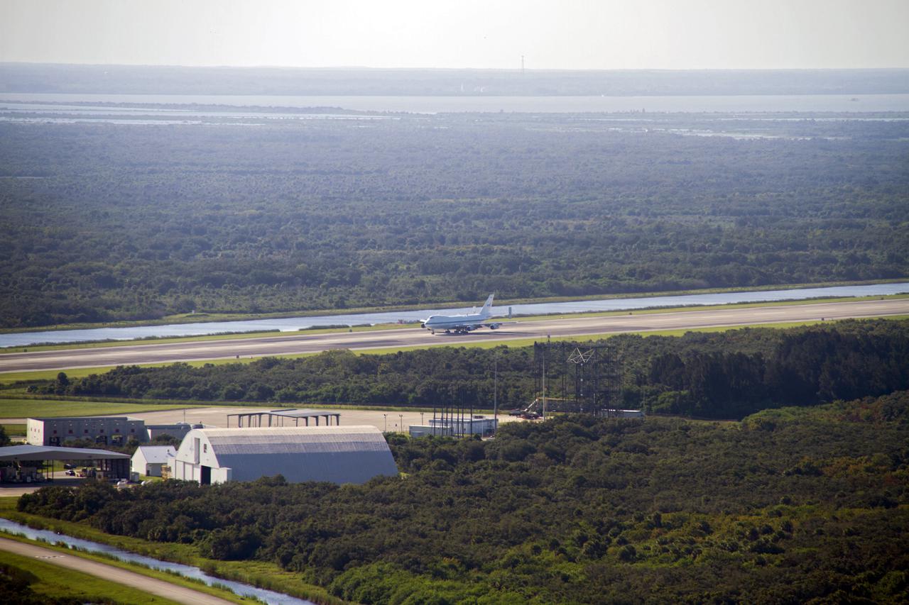 CAPE CANAVERAL, Fla. – The Shuttle Carrier Aircraft, or SCA, rolls down the runway at NASA Kennedy Space Center’s Shuttle Landing Facility in Florida. The SCA touched down at 5:05 p.m. EDT to prepare for shuttle Endeavour’s ferry flight to the Los Angeles International Airport on Sept. 17. Photo credit: NASA_ Chris Chamberland