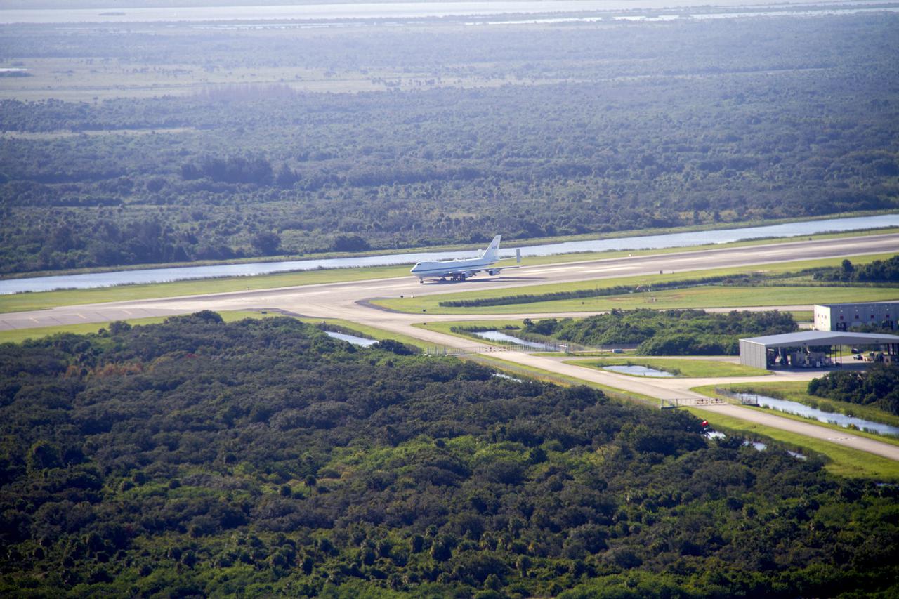 CAPE CANAVERAL, Fla. – The Shuttle Carrier Aircraft, or SCA, rolls down the runway at NASA Kennedy Space Center’s Shuttle Landing Facility in Florida. The SCA touched down at 5:05 p.m. EDT to prepare for shuttle Endeavour’s ferry flight to the Los Angeles International Airport on Sept. 17. Photo credit: NASA_ Chris Chamberland