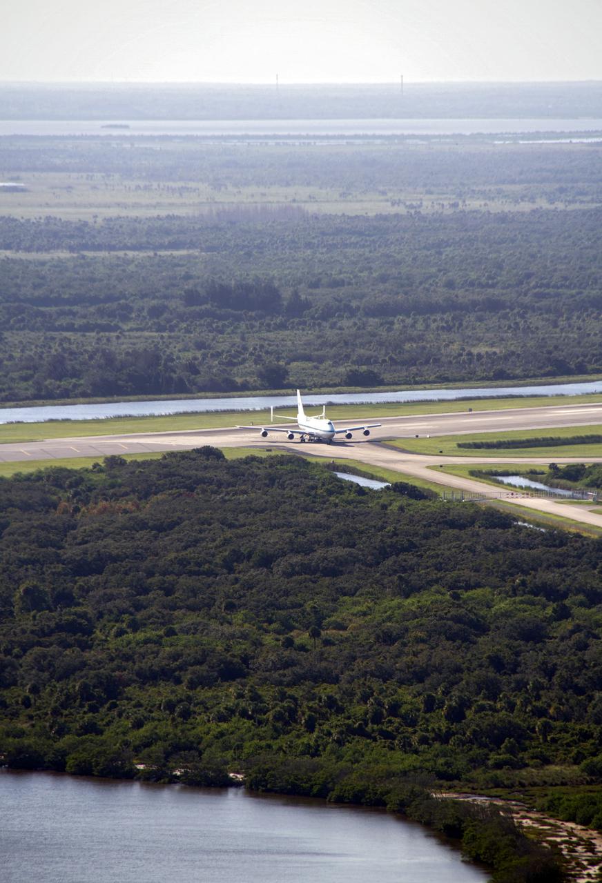 CAPE CANAVERAL, Fla. – The Shuttle Carrier Aircraft, or SCA, rolls onto the ramp area of NASA Kennedy Space Center’s Shuttle Landing Facility in Florida. The SCA touched down at 5:05 p.m. EDT to prepare for shuttle Endeavour’s ferry flight to the Los Angeles International Airport on Sept. 17. Photo credit: NASA_ Chris Chamberland
