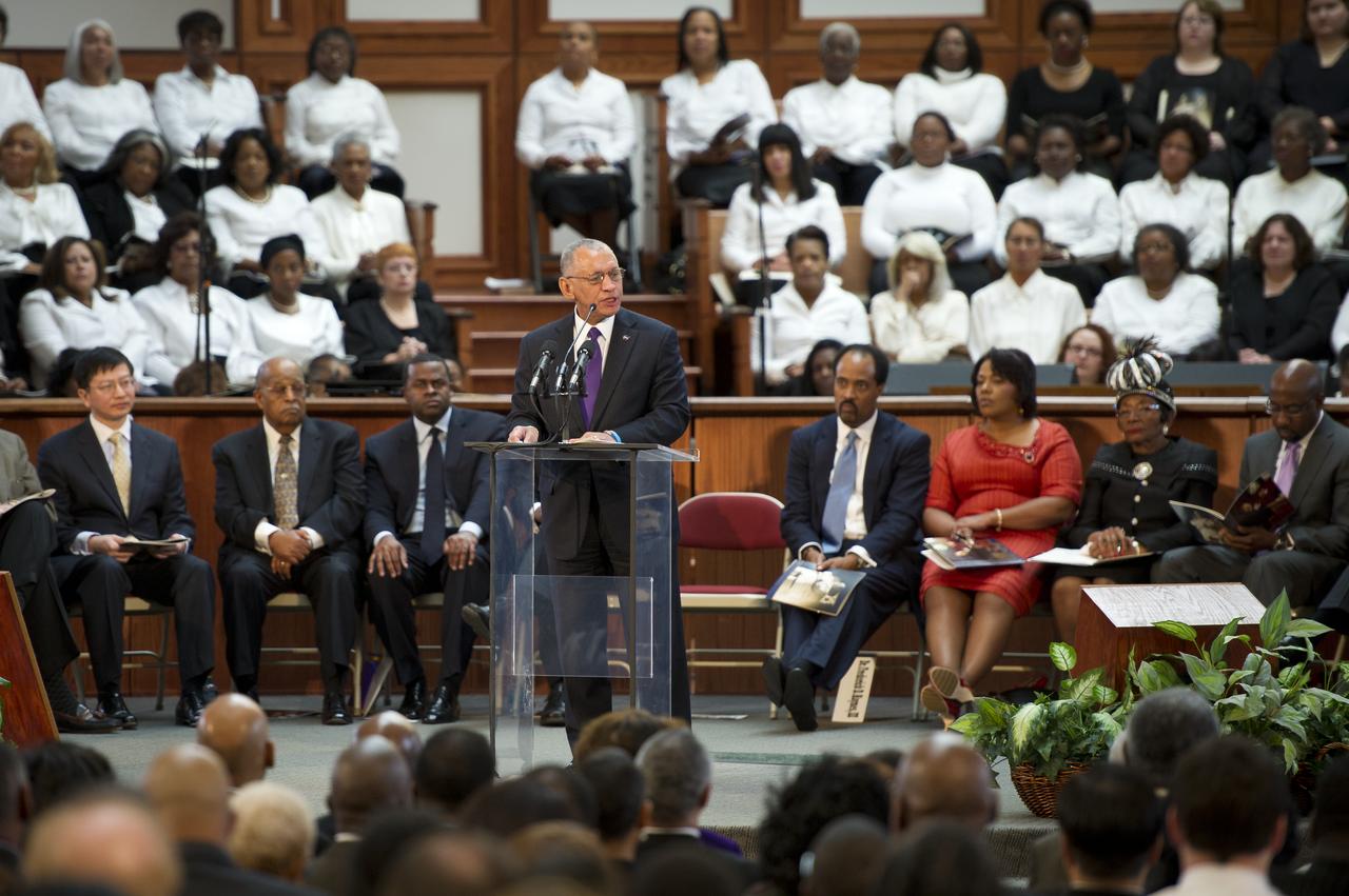 NASA Administrator Charles Bolden speaks and delivers greetings from President Obama at the 44th annual Martin Luther King, Jr. Commemorative Service on Monday, Jan. 16, 2012 at Ebenezer Baptist Church in Atlanta. Photo Credit: (NASA/Bill Ingalls)